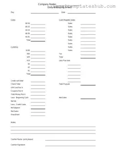 Blank Cash Drawer Count Sheet PDF Form