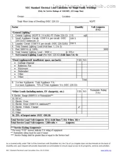 Blank LADBS NEC Standard Electrical Load Calculation PDF Form