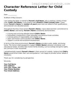Printable Character Reference Letter for Child Custody Template