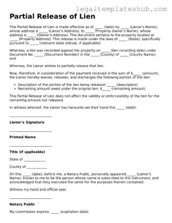 Printable Partial Release of Lien Template