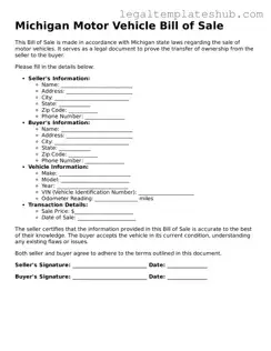 Printable  Motor Vehicle Bill of Sale Document for Michigan