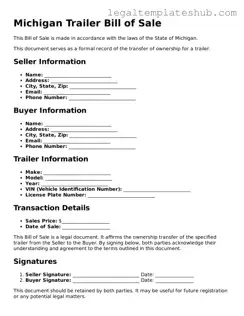 Printable  Trailer Bill of Sale Document for Michigan