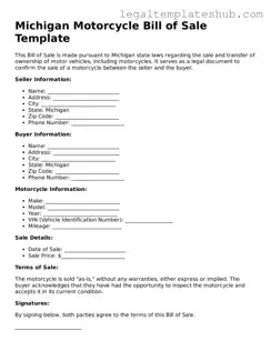 Printable  Motorcycle Bill of Sale Document for Michigan