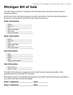 Printable  Bill of Sale Document for Michigan