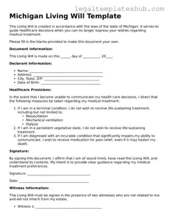 Printable  Living Will Document for Michigan