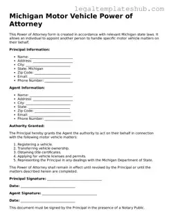 Printable  Motor Vehicle Power of Attorney Document for Michigan