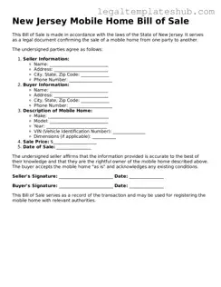 Printable  Mobile Home Bill of Sale Document for New Jersey