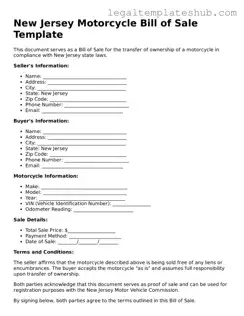 Printable  Motorcycle Bill of Sale Document for New Jersey