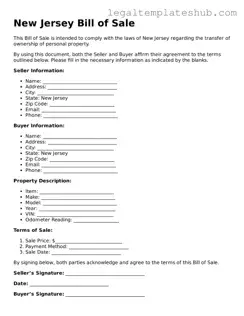 Printable  Bill of Sale Document for New Jersey