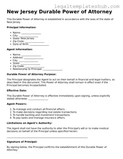 Printable  Durable Power of Attorney Document for New Jersey