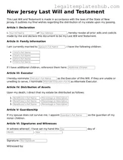 Printable  Last Will and Testament Document for New Jersey