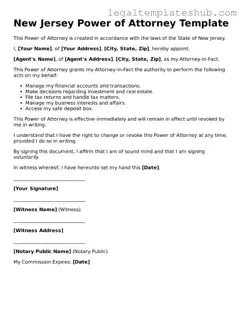 Printable  Power of Attorney Document for New Jersey