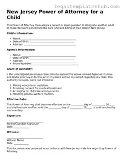 Printable  Power of Attorney for a Child Document for New Jersey
