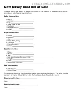 Printable  Boat Bill of Sale Document for New Jersey