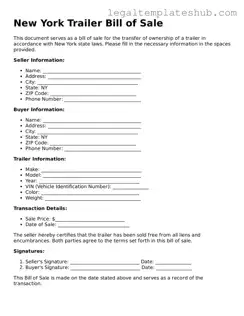 Printable  Trailer Bill of Sale Document for New York