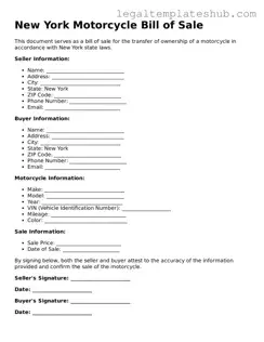 Printable  Motorcycle Bill of Sale Document for New York