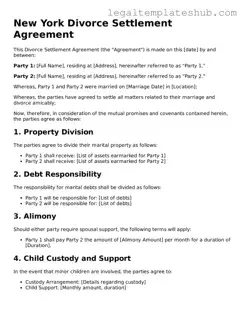 Printable  Divorce Settlement Agreement Document for New York