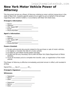 Printable  Motor Vehicle Power of Attorney Document for New York