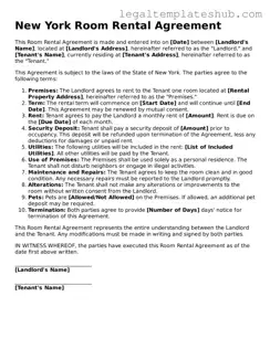Printable  Room Rental Agreement Document for New York