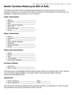 Printable  Motorcycle Bill of Sale Document for North Carolina