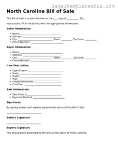 Printable  Bill of Sale Document for North Carolina