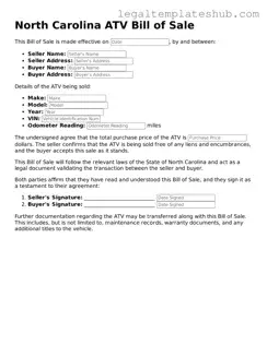 Printable  ATV Bill of Sale Document for North Carolina