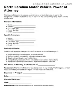 Printable  Motor Vehicle Power of Attorney Document for North Carolina