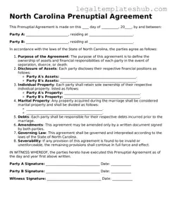 Printable  Prenuptial Agreement Document for North Carolina