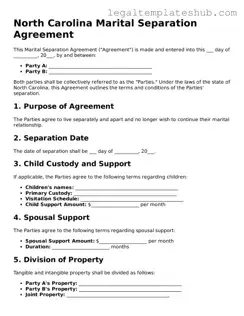 Printable  Marital Separation Agreement Document for North Carolina