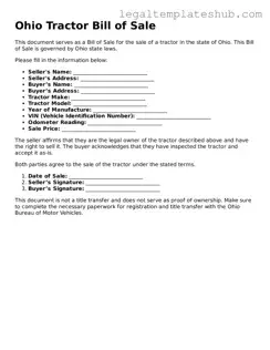 Printable  Tractor Bill of Sale Document for Ohio