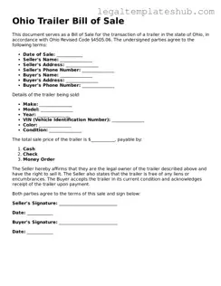 Printable  Trailer Bill of Sale Document for Ohio