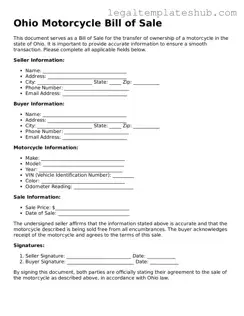 Printable  Motorcycle Bill of Sale Document for Ohio