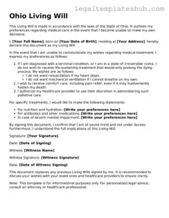 Printable  Living Will Document for Ohio