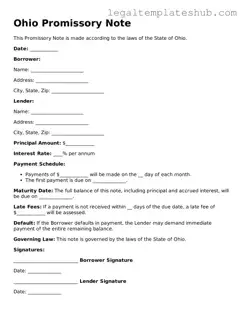 Printable  Promissory Note Document for Ohio