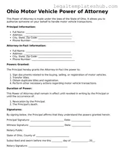 Printable  Motor Vehicle Power of Attorney Document for Ohio