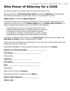 Printable  Power of Attorney for a Child Document for Ohio