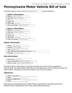 Printable  Motor Vehicle Bill of Sale Document for Pennsylvania