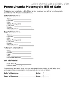 Printable  Motorcycle Bill of Sale Document for Pennsylvania