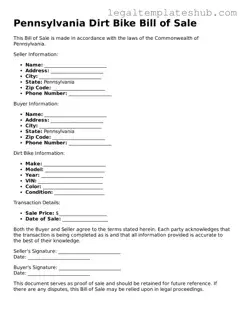 Printable  Dirt Bike Bill of Sale Document for Pennsylvania