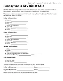 Printable  ATV Bill of Sale Document for Pennsylvania