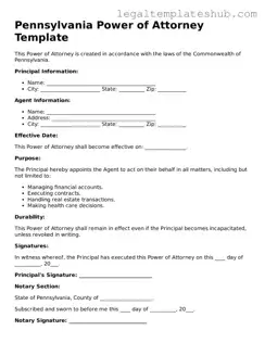 Printable  Power of Attorney Document for Pennsylvania