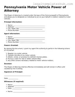 Printable  Motor Vehicle Power of Attorney Document for Pennsylvania