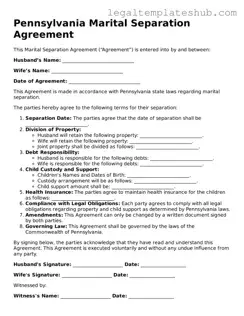 Printable  Marital Separation Agreement Document for Pennsylvania
