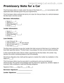 Printable Promissory Note for a Car Template