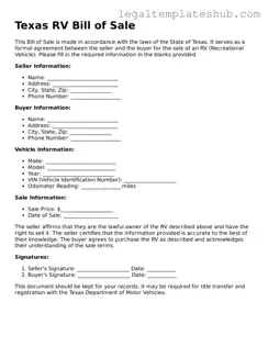 Printable  RV Bill of Sale Document for Texas
