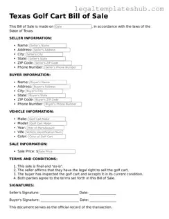 Printable  Golf Cart Bill of Sale Document for Texas