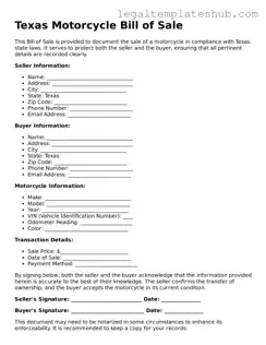 Printable  Motorcycle Bill of Sale Document for Texas