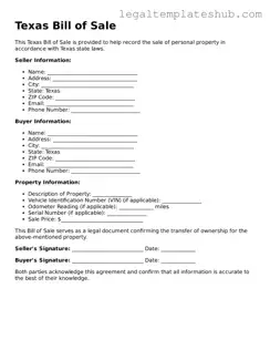 Printable  Bill of Sale Document for Texas