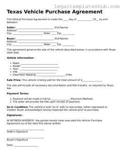 Printable  Vehicle Purchase Agreement Document for Texas