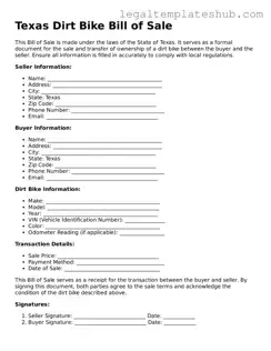 Printable  Dirt Bike Bill of Sale Document for Texas
